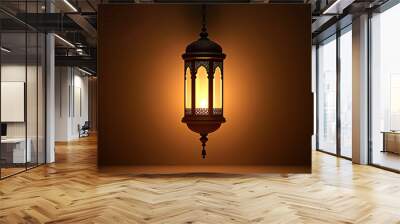 Hanging ornate lantern casting a gentle light suitable for festive Islamic designs with plenty of copy space for greetings and messages Wall mural