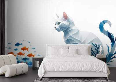 Silhouette of white cat and ocean fish Wall mural