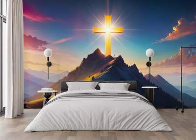 Silhouettes of cross on top mountain with bright sunbeam Wall mural