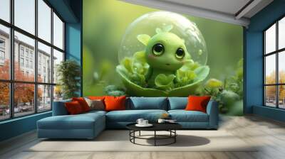 The green cute kind sweet plant with big adorable eyes inside a bubble  Wall mural