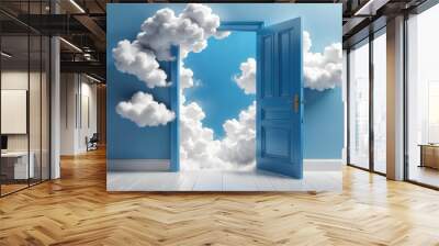 white fluffy clouds flying out the blue door Wall mural