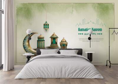 islamic greeting ramadan kareem card design with beautiful lanterns and crescent Wall mural