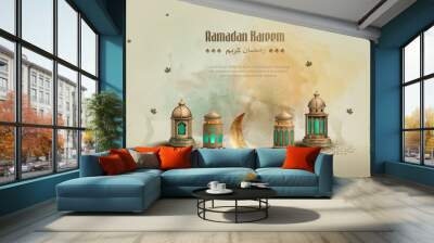 islamic greetings ramadan kareem card design template background with beautiful lanterns and crescent Wall mural