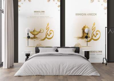 set of islamic greeetings ramadan kareem card poster design with gold lantern and magic lamp
 Wall mural