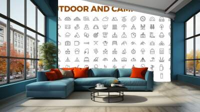 Camping and outdoor activities isolated icons set. Set of tent, camper van, trailer, sleeping bag, canoe, camp equipment, fishing boat, backpack, compass, tools, flashlight, campfire vector icon set. Wall mural