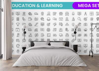 Education line icon collection. Contains knowledge, college, task list, design, training, idea, teacher, file, graduation hat, institute, ruler, and telescope. Education set of web icons in style. Wall mural