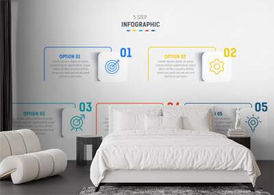 Five Step Infographic design element template for presentation. info graphic illustration. process diagram and presentations step,  banner, flow chart, 5 option template. Wall mural