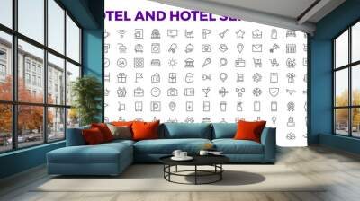 Hotel icons set. Rental property  icons. Set of apartment reservation, hotel booking, five-star hotel, service line vector web icon.Hotel universal set with Building, Parking,  Meal, Air conditioner. Wall mural