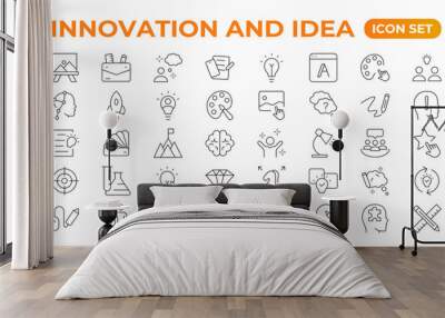 Innovation line icons collection. Technology, creative, icons. UI icon set. Thin outline pack. Idea Creative idea, brainstorming, solution, thinking and innovation Lightbulb with brain outline icon. Wall mural