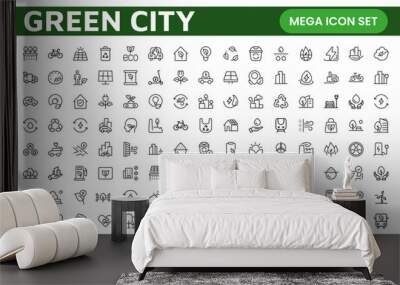 Line icons about green city. Sustainable development. Contains such icons as renewable energy, autonomous building, air and water quality. Wall mural