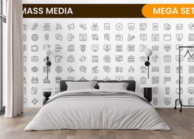 Mass media outline vector icons large set isolated on white background. media business concept. Media outline icons set. Wall mural