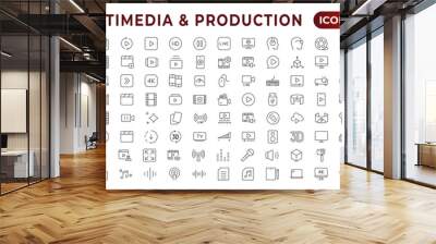 Multimedia & Production icon set. Cinema icon set. Movie sign collection. Set of cinema, movie, video icons, collection film, TV. Popcorn box package Big movie reel. Outline icon set collection. Wall mural