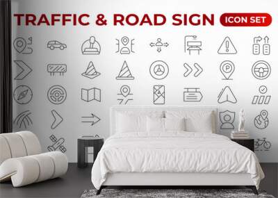 Road and traffic line icons collection. Street, transport, fuel, vehicle, location, car service icons. UI icon set. Thin outline pack. Way direction arrow sign. Roadsigns. Outline icon collection. Wall mural