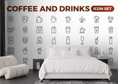 Set of coffee shop Icons. Simple line art style icons pack. Vector illustration.Coffee icons. Beans, hot cocktail and maker machine. Espresso cup, cappuccino with whipped cream Latte vending machine. Wall mural