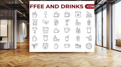 Set of coffee shop Icons. Simple line art style icons pack. Vector illustration.Coffee icons. Beans, hot cocktail and maker machine. Espresso cup, cappuccino with whipped cream Latte vending machine. Wall mural