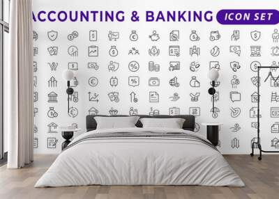 Set of line icons related to accounting, audit, and taxes. Outline icon collection. Businesssymbols.Income set. Containing money, tax, earnings, payment,paycheck, work, pension, and wages icons. Wall mural