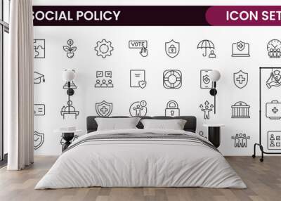 Set of Social Policy and Insuranceline icons. Outline icon collection related to education, insurance, law, goverment and more. Wall mural