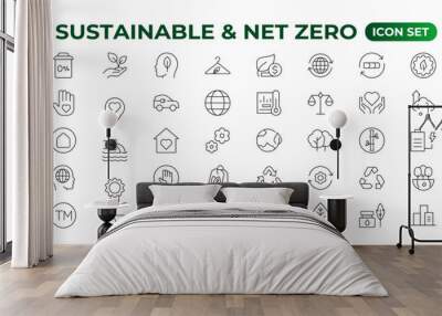 Set of sustainability and Net Zero, environmental, ecological, recyling, green, organic, industry thin line icons. Linear ecology simple symbol collection. Wall mural