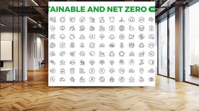 Set of sustainability and Net Zero, environmental, ecological, recyling, green, organic, industry thin line icons. Linear ecology simple symbol collection. Wall mural