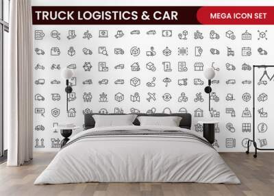 Truck Logistics and Car related modern icon set. Transportation editable line icon illustration collection Wall mural