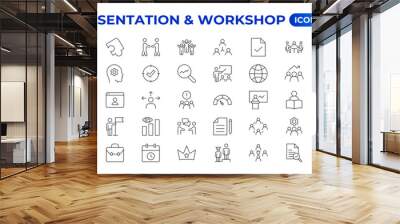 Workshop icon set. Containing team building, collaboration, teamwork, coaching, problem-solving and education icons.Business presentation line icons Presentation, business, seminar, partnership, goals Wall mural