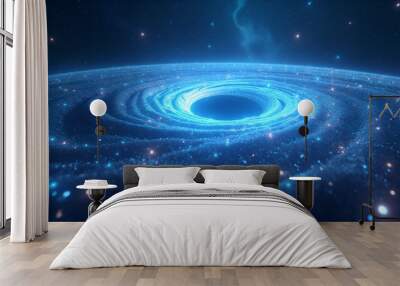 Energetic cosmic vortex surrounding a black hole illuminated by glowing blue light Wall mural