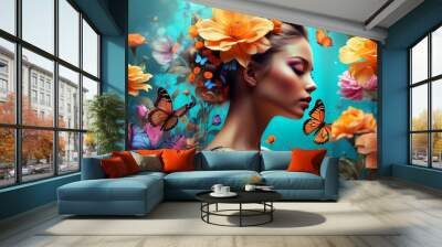 Woman Amidst a Butterfly Ballet. Wall mural