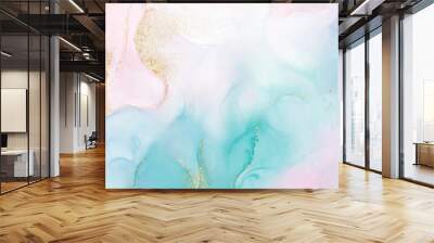 Abstract fluid art with colorful alcohol ink technique and golden Wall mural