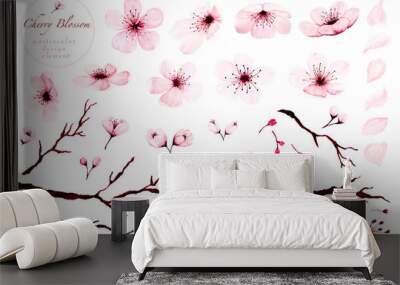 Set of watercolor design elements, Cherry blossom branches hand painted. Wall mural