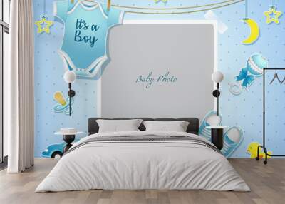 Baby shower set. Invitation template with place for text Wall mural