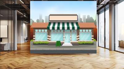 Brick store building design with green awning Wall mural