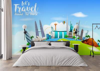 Famous monuments of the world  on planet Earth on blue sky background Wall mural