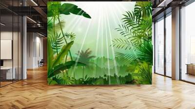 Forest landscape of  tropical background with sunrays Wall mural