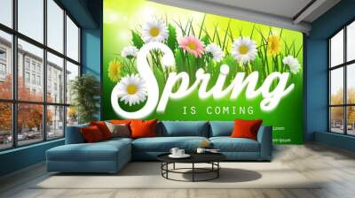 Fresh spring background with grass and flowers Wall mural