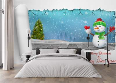 Happy Snowman on the wooden Christmas background with concept folding paper Wall mural