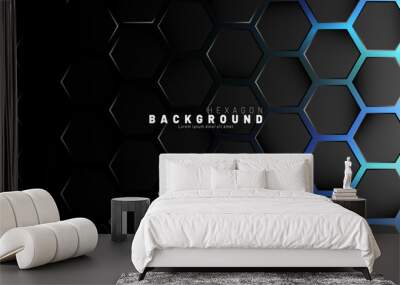 Abstract black hexagon pattern on blue neon background technology style. Honeycomb. Vector illustration Wall mural