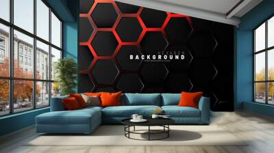 Abstract black hexagon pattern on neon gradient orange background technology style. Honeycomb. Vector illustration Wall mural