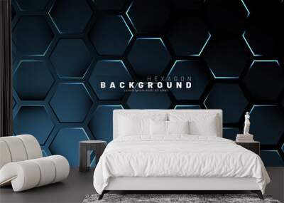 Abstract hexagon blue neon gradient pattern on a dark background technology style. Honeycomb. Vector illustration Wall mural