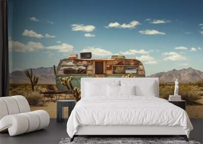 Abandoned or old retro caravan living in the middle of the desert with cactus and blank billboard sign as wide banner copy space area Wall mural