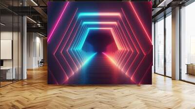 Abstract neon lights tunel background with pink and blue laser rays, glowing lines, 3d render, for graphic design or wallpaper Wall mural