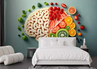 Brain with fruits, concept of healthy living and eating healthy food Wall mural