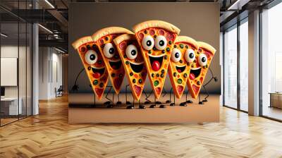 Cartoon character pizza slice snack food, Funny cheering and smiling, Generative ai Wall mural