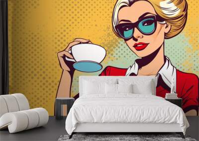 Cartoon of blond woman drinking coffee, pop art style 80's  Wall mural