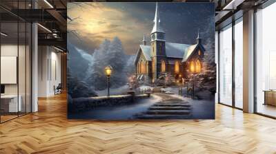 Christian church during snowy freezing winter season, concept of religion and christianity Wall mural