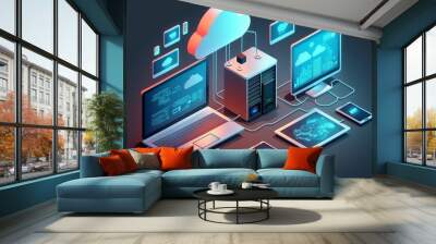 Cloud technology, computing. Devices connected to digital storage in the data center via the Internet, IOT, Smart Home Communication laptop, tablet, phone home devices with an online connection. Wall mural