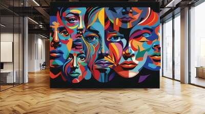 Collage of colorful human faces illustration painting style Wall mural