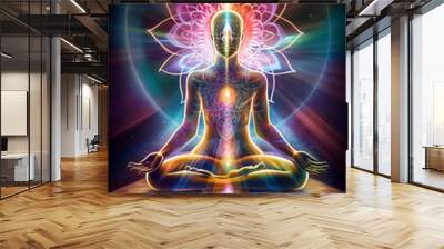 Concept of meditation and spiritual practice, expanding of consciousness, chakras and astral body activation, mystical inspiration image, generative ai Wall mural