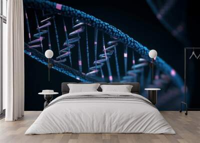 DNA molecular structure with sequencing data of human genome analysis on dark background. Wall mural