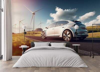 Electric on the road driving through landscape with windmills, concept of sustainable development Wall mural