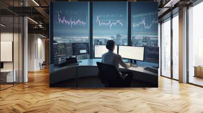 Finance trade manager analysing stock market, crypto or forex indicators for best investment strategy, financial data and charts with business buildings in background Wall mural